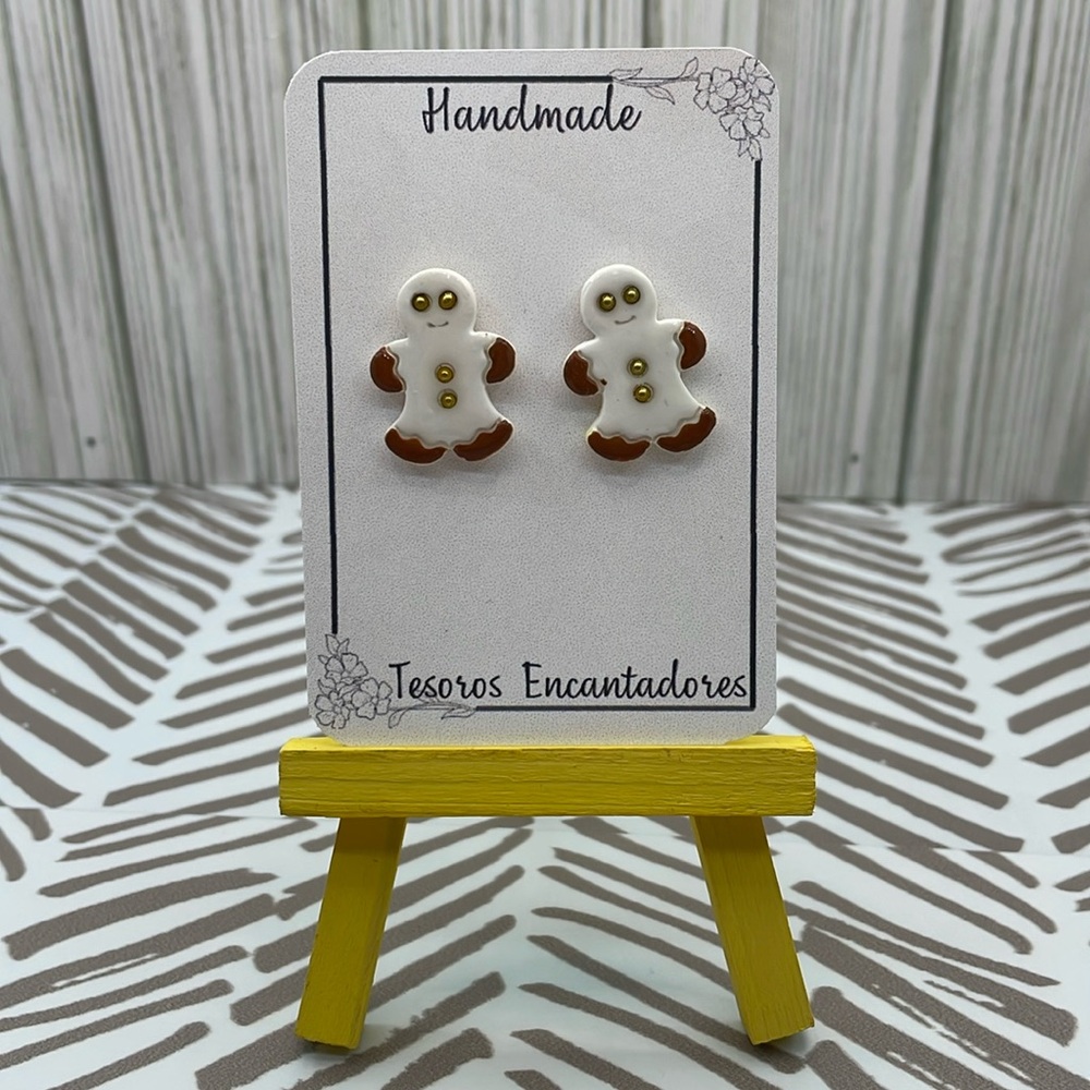 Handmade white and brown tone gingerbread man earrings